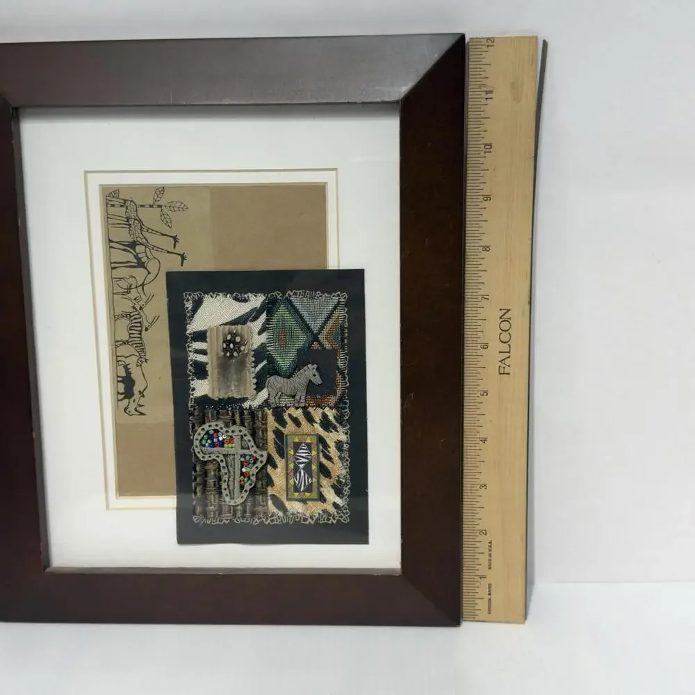 Framed Mixed Media African Safari Wildlife Tribal Wall Art Textile Decor 10x12